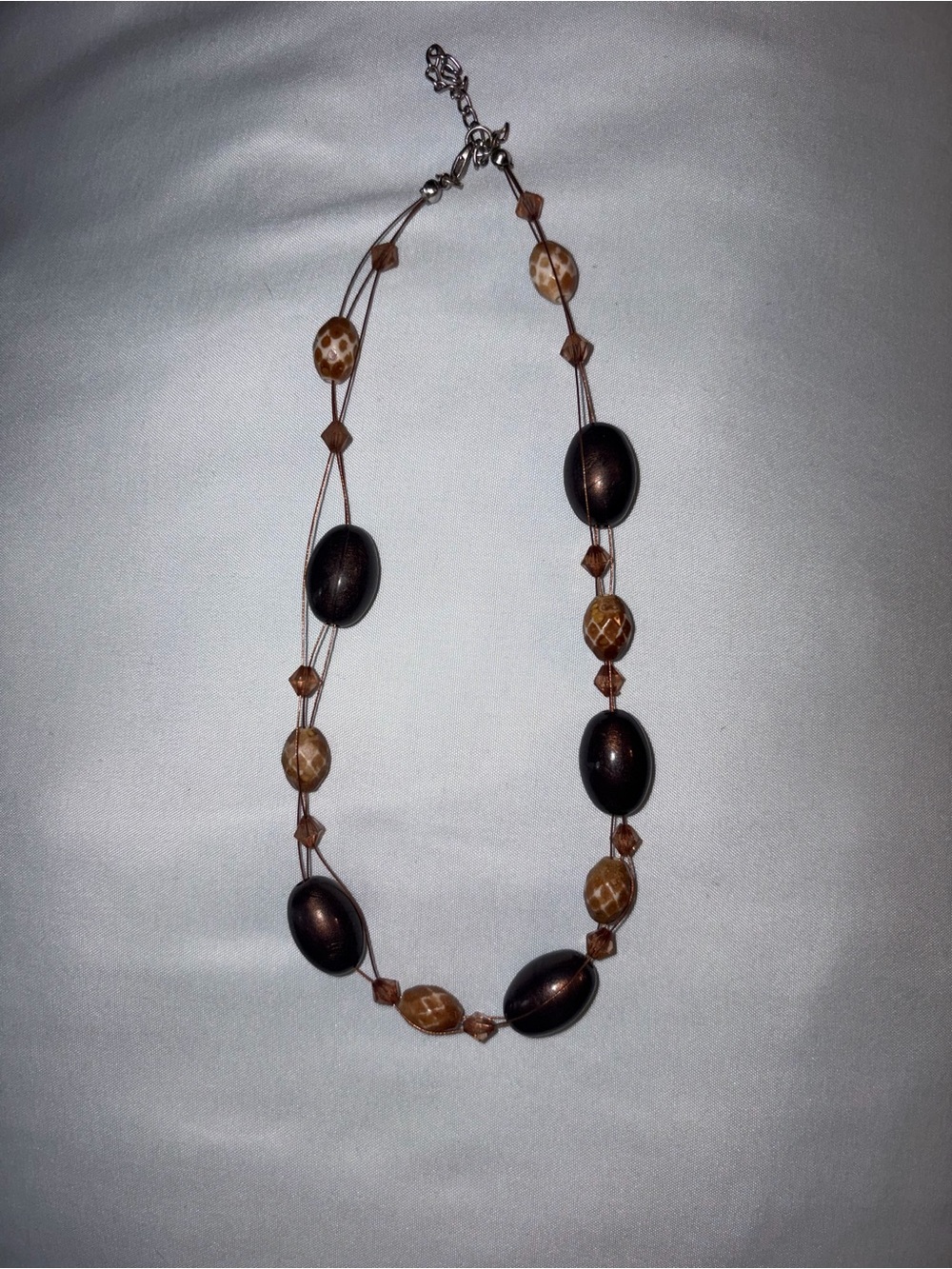 Multi Strand Station Necklace Brown Tan Beaded Floating Floating Bead Boho